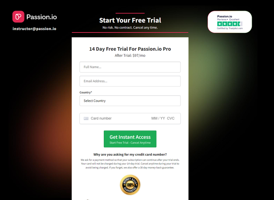 filling the passion.io free trial form