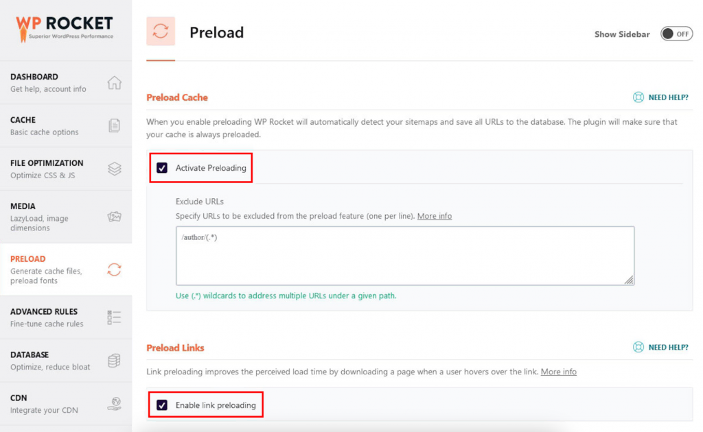 The Preload window on WP Rocket. We choose to activate preloading and enable link preloading.