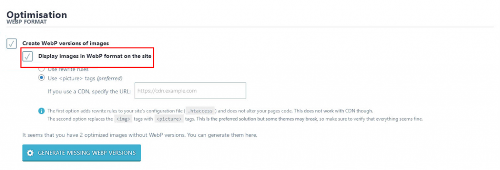 Selecting to display your images in WebP format