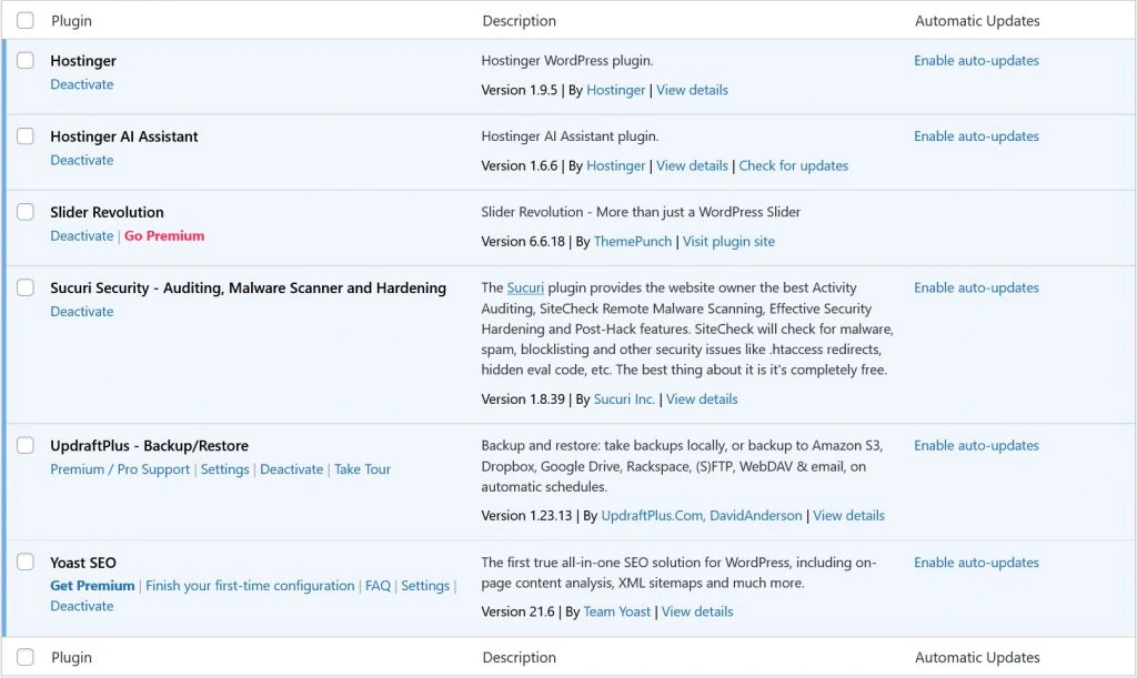 The list of WordPress plugins the website has.