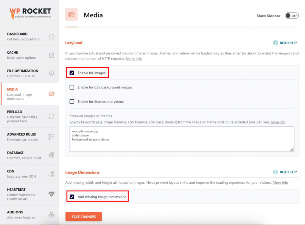 The Media window on WP Rocket. Here, we choose to enable LazyLoad for images and add missing image dimensions.