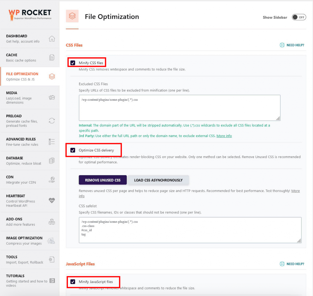 The File Optimization window on WP Rocket. We choose to minify CSS files, optimize CSS delivery, and minify JavaScript files.