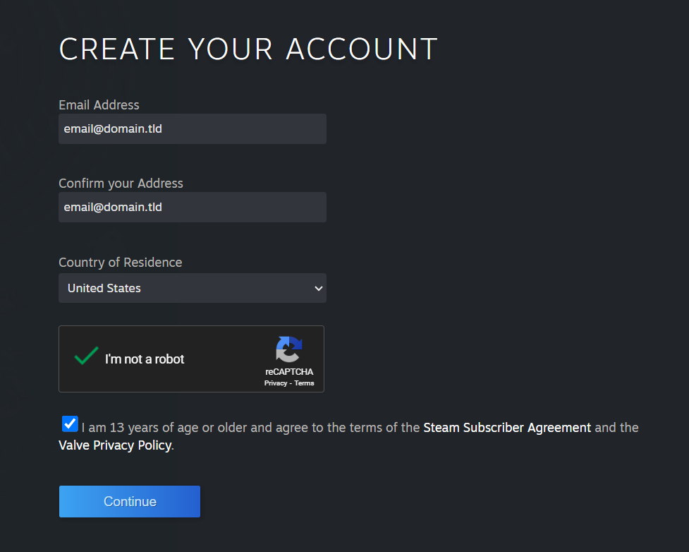 Entering details to sign up for a Steam account