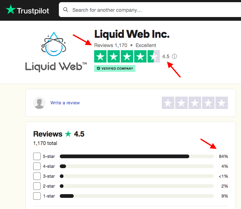 Liquid web hosting customer rating on trustpilot